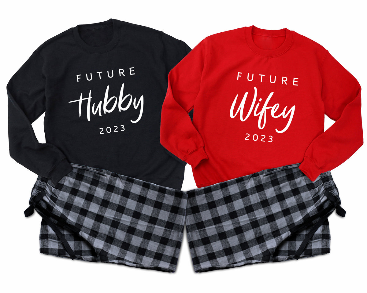Future Wifey & Future Hubby - Couple Matching Pajamas, Engagement Gift, Fiance gift, Personalized gift for Couple, Newlywed Custom pajamas red and black sweatshirts plus charcoal black pants