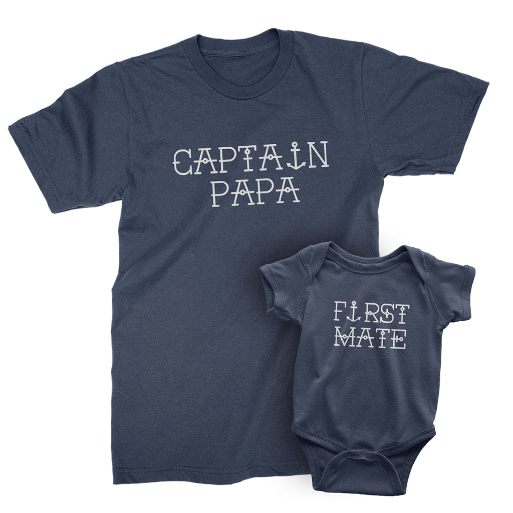 First Mate and Captaine Papa_Short Sleeve Graphic Matching T-Shirts for Gandpa or Daddy and Me_Navy color at TeeLikeYours.com