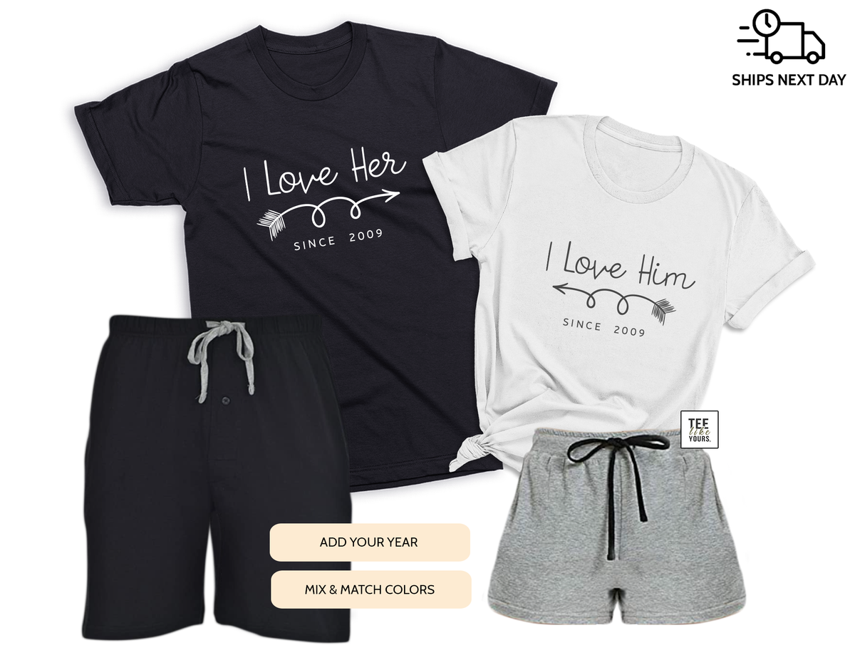 I Love Her & I Love Him Matching Couple T-Shirt and Shorts Sets