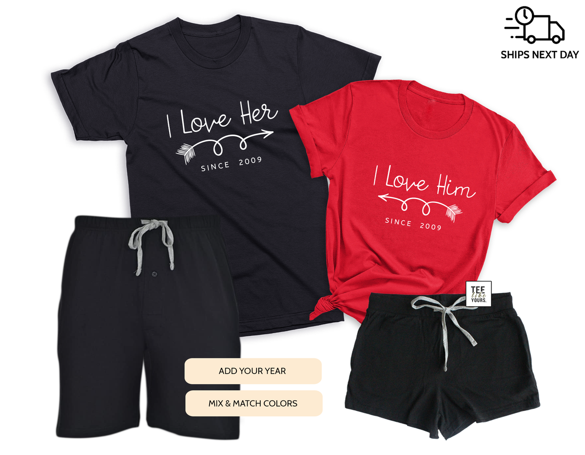 I Love Her & I Love Him Matching Couple T-Shirt and Shorts Sets
