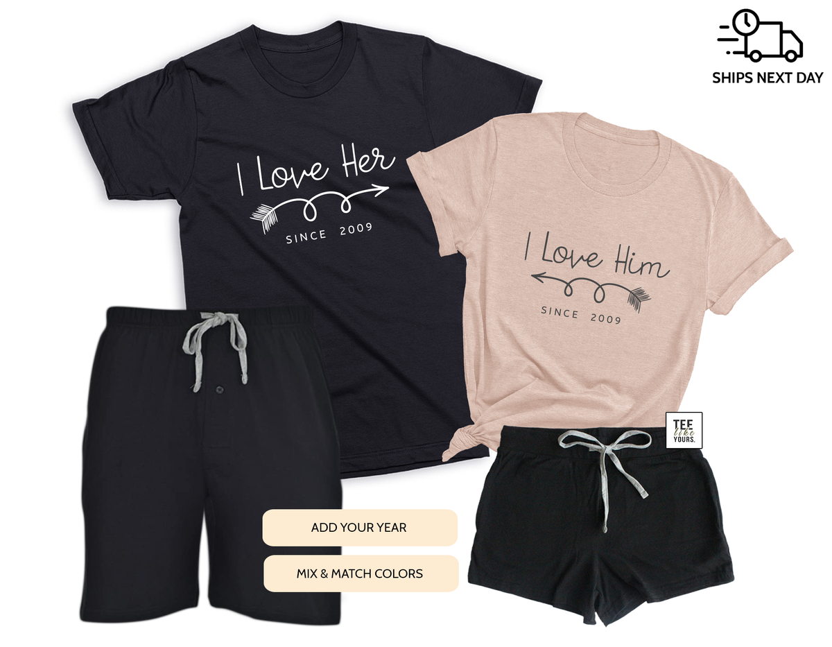 I Love Her & I Love Him Matching Couple T-Shirt and Shorts Sets