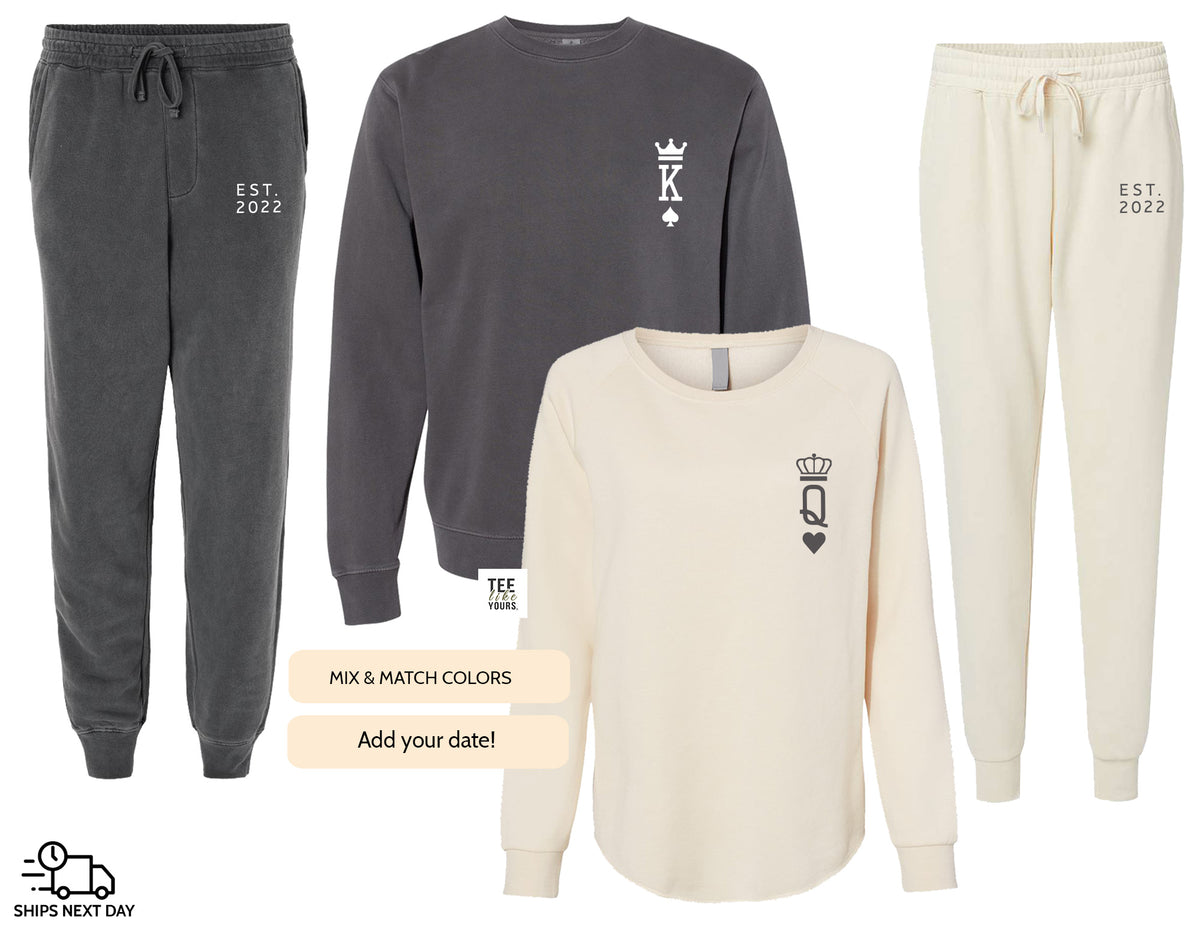 Personalized King & Queen Couple Matching Set, Print on Sweatshirt and Sweatpants Set, Wife and Husband Set, Sweatsuit gift for Couples