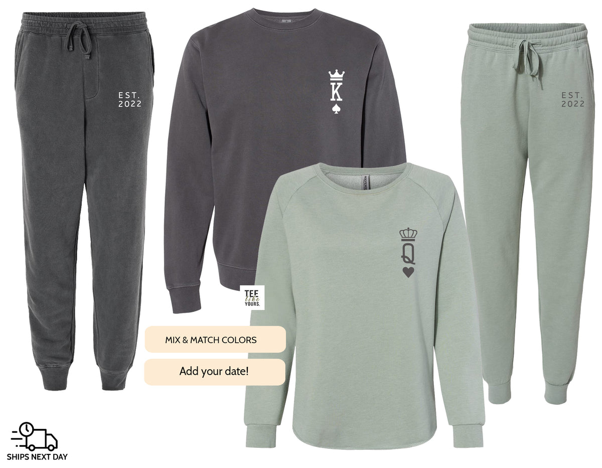 Personalized King & Queen Couple Matching Set, Print on Sweatshirt and Sweatpants Set, Wife and Husband Set, Sweatsuit gift for Couples