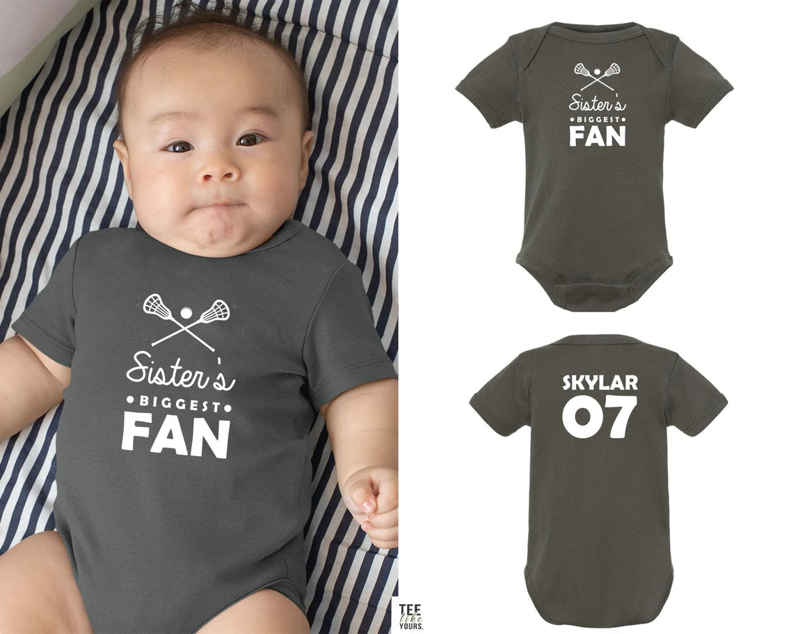 Lacrosse Brother Fan Shirt, Lacrosse Sister fan shirt, Lacrosse Biggest Fan, Custom Lacrosse Onesie & Shirt with name and number on back.