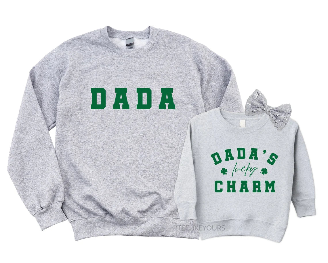 Matching Dada & Dada's Lucky Charm Sweatshirts for Saint Patrick's Day. Daddy and Me Outfit, Shamrock Baby Girl Onesie, Lucky Dad and Girl