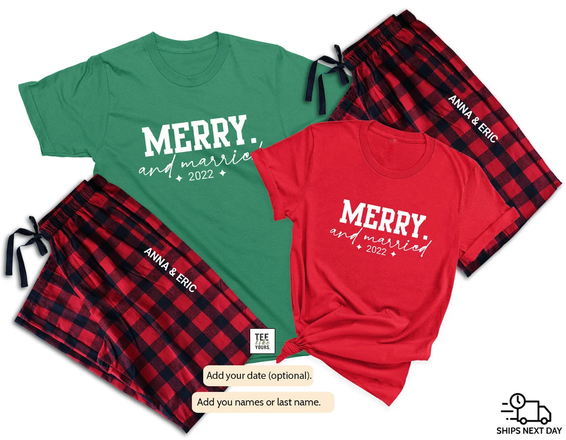 Merry & Married Couple Christmas Pajamas | Personalized Couple Matching Pajamas | Holiday Pajamas for Husband, Wife| Newlywed Christmas Gift