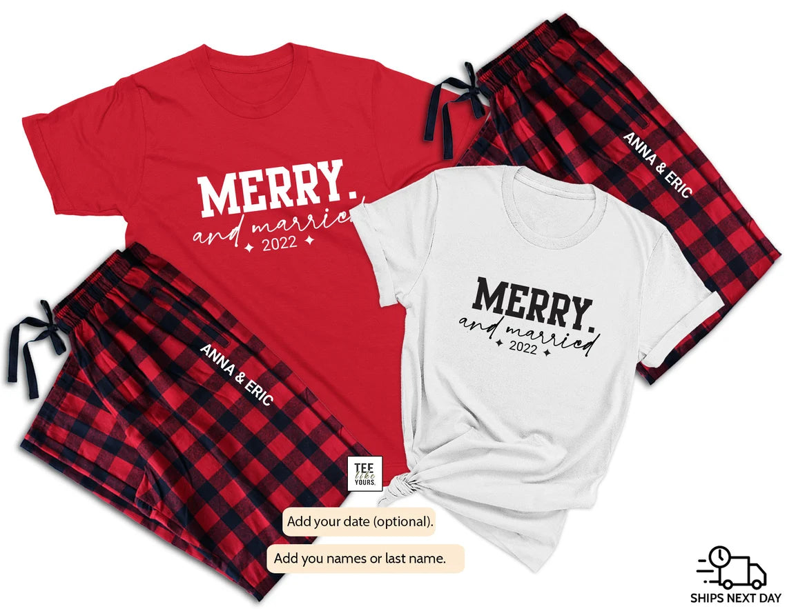 Merry & Married Couple Christmas Pajamas – Personalized Newlywed Matching Sleepwear