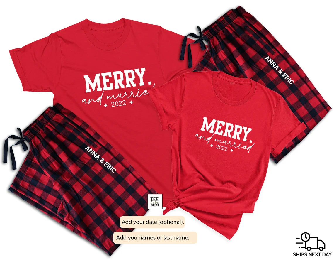 Merry & Married Couple Christmas Pajamas – Personalized Newlywed Matching Sleepwear
