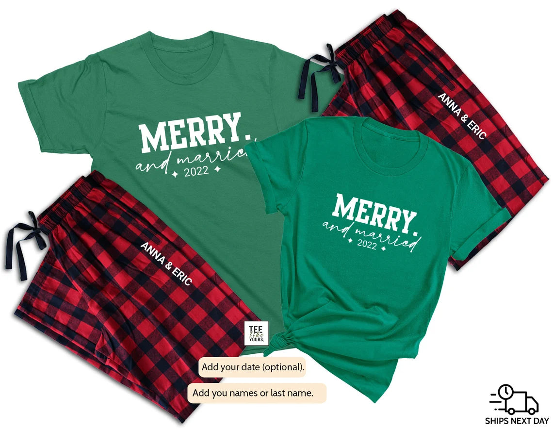 Merry & Married Couple Christmas Pajamas – Personalized Newlywed Matching Sleepwear