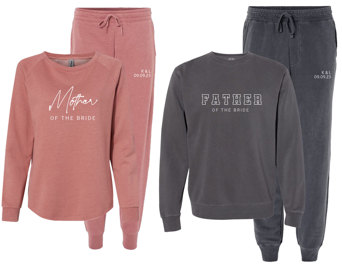 Personalized Mother & Father of the Bride Matching Sweatsuits – Custom Wedding Gift for Parents