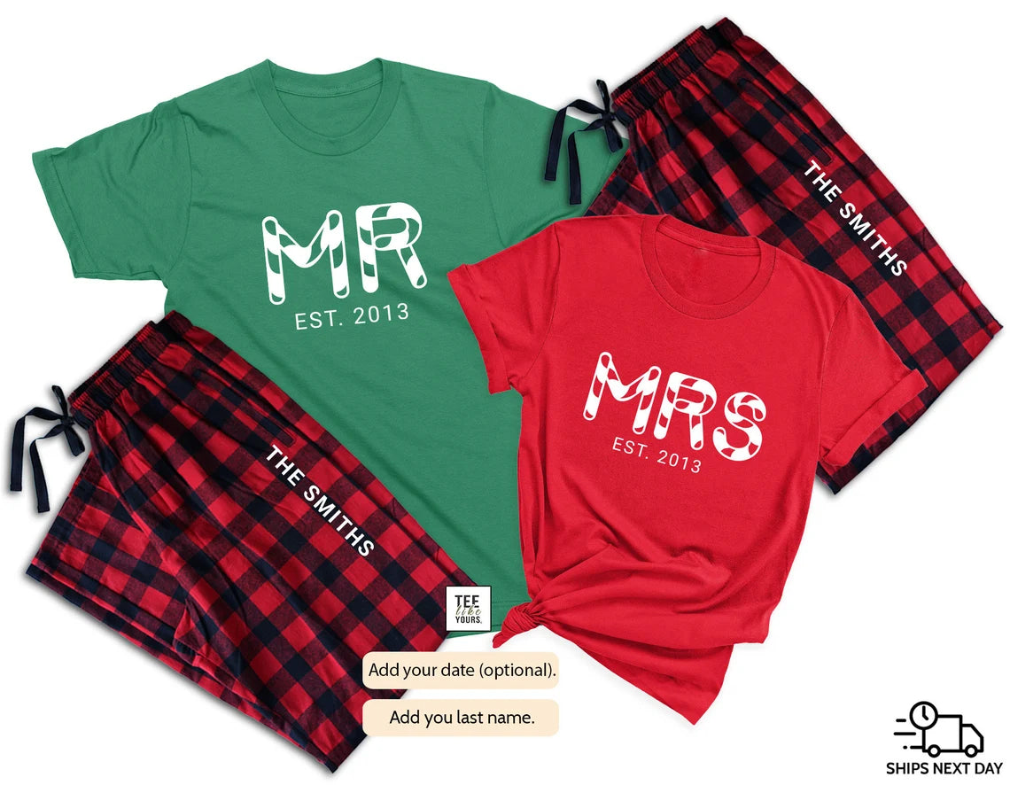 Personalized Mr. & Mrs. Christmas Pajama Set – Matching Couple Holiday PJs