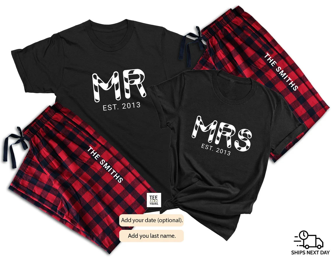 Personalized Mr. & Mrs. Christmas Pajama Set – Matching Couple Holiday PJs