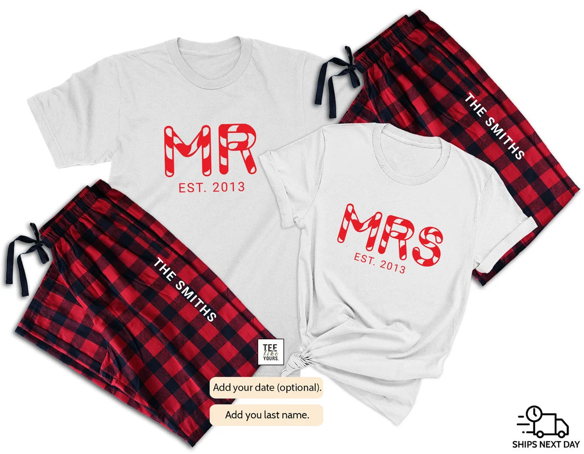 Personalized Mr. & Mrs. Christmas Pajama Set – Matching Couple Holiday PJs