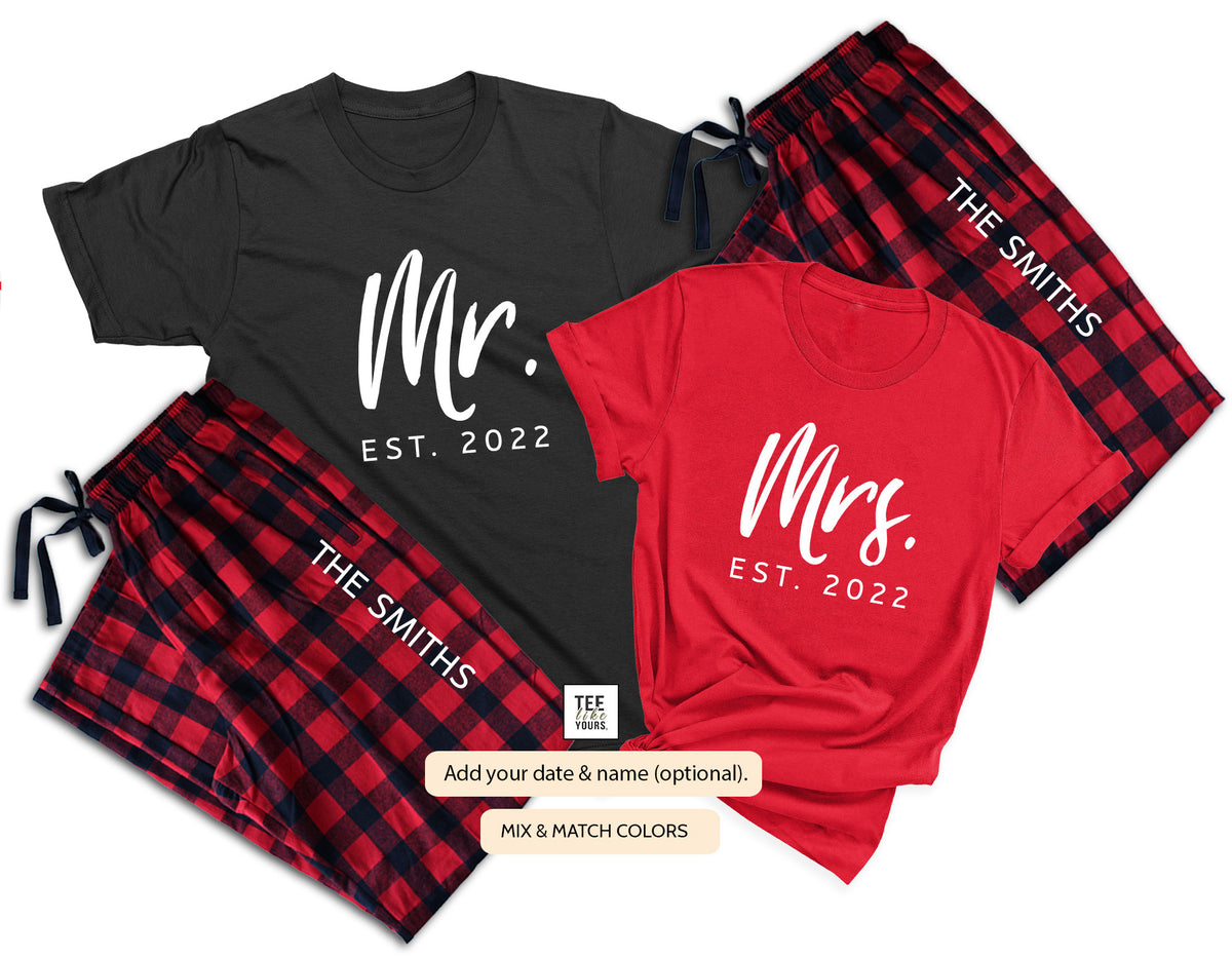 Mr. & Mrs. Personalized matching Pajamas for couples | Christmas loungewear | Wedding Anniversary Gift | Custom Names and Year | Price for each set