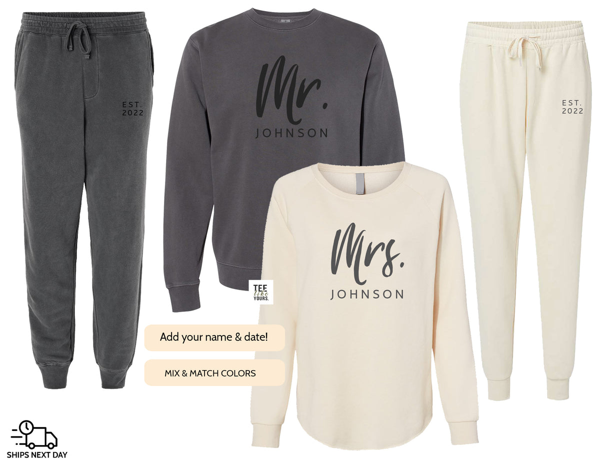 Custom Mr & Mrs Personalized Sweatsuit – Bride & Groom Matching Sweatshirt and Sweatpants Set