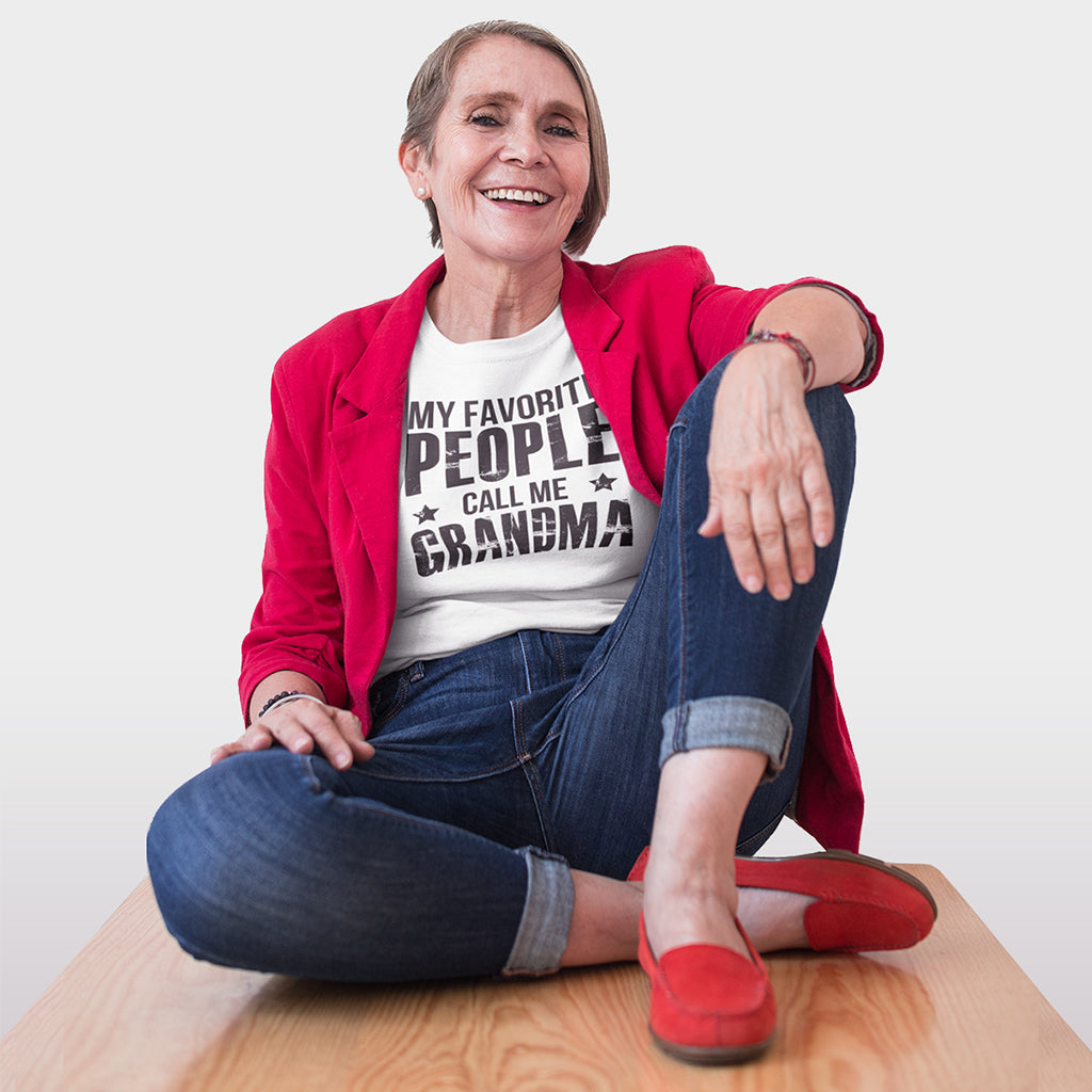 My Favorite People Call Me Grandma_Pregnancy Announcement short sleeve Graphic T-Shirt_White Color with Model at TeeLikeYours.com