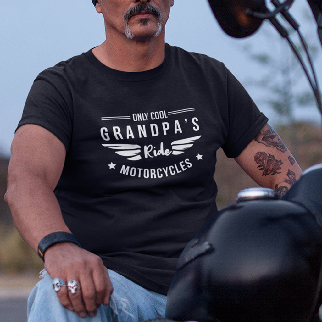 Only Cool Grandpa's Ride Motorcycle and Only Cool Grandson's Play With Motorcycles_Short Sleeve Graphic Matching T-Shirts for Grandpa and Grandson_Black shirt at TeeLikeYours.com