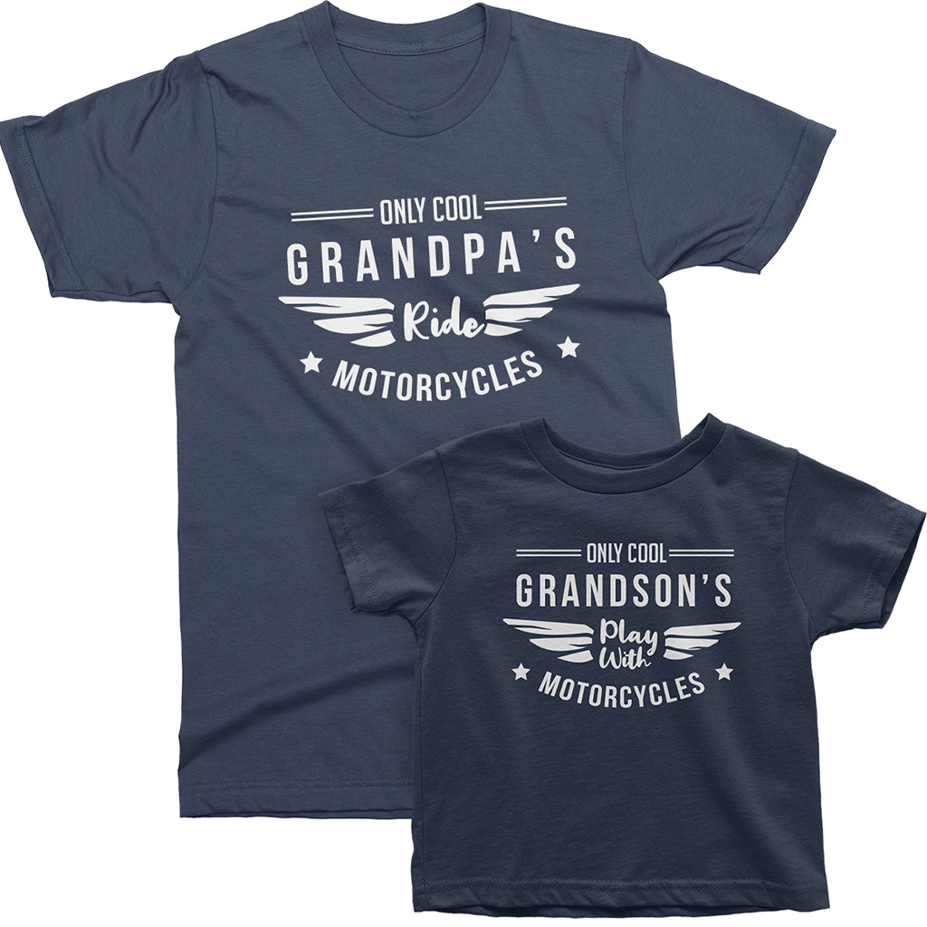 Only Cool Grandpa's Ride Motorcycle and Only Cool Grandson's Play With Motorcycles_Short Sleeve Graphic Matching T-Shirts for Grandpa and Grandson_Navy at TeeLikeYours.com
