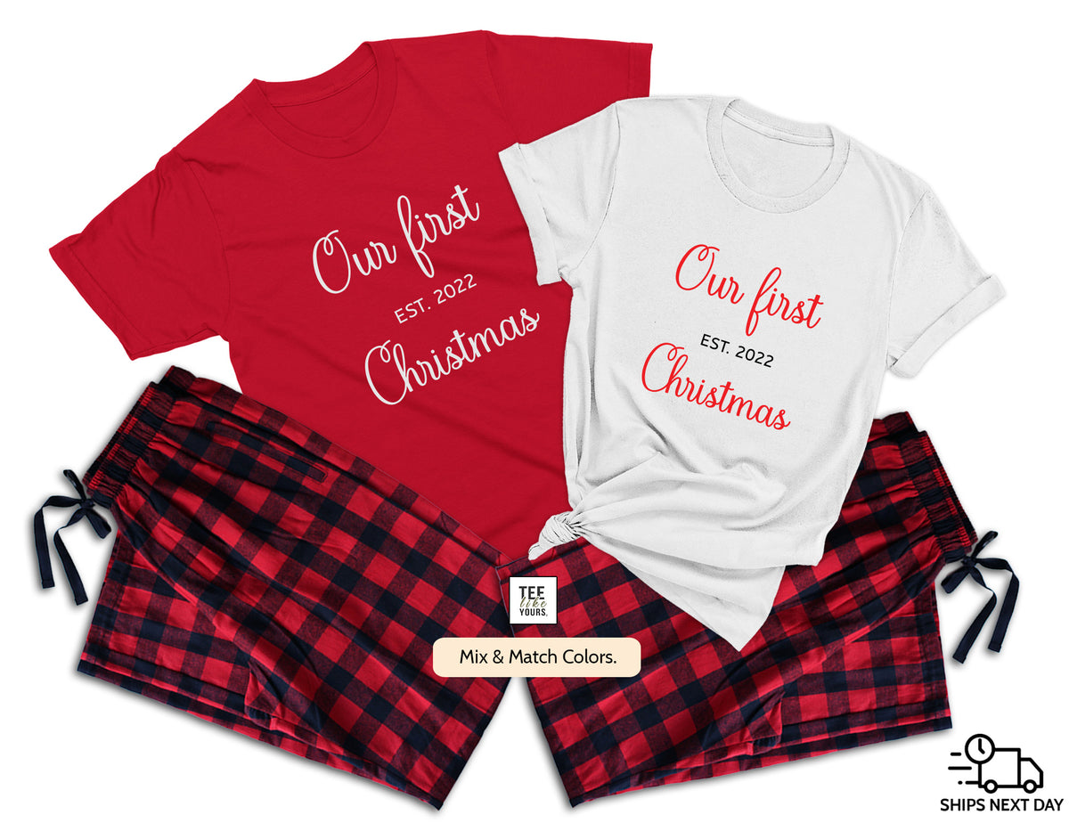 Personalized Our First Christmas Together Matching Pajamas for Couples – Custom Est. Year T-Shirts & Flannel Pajama Pants