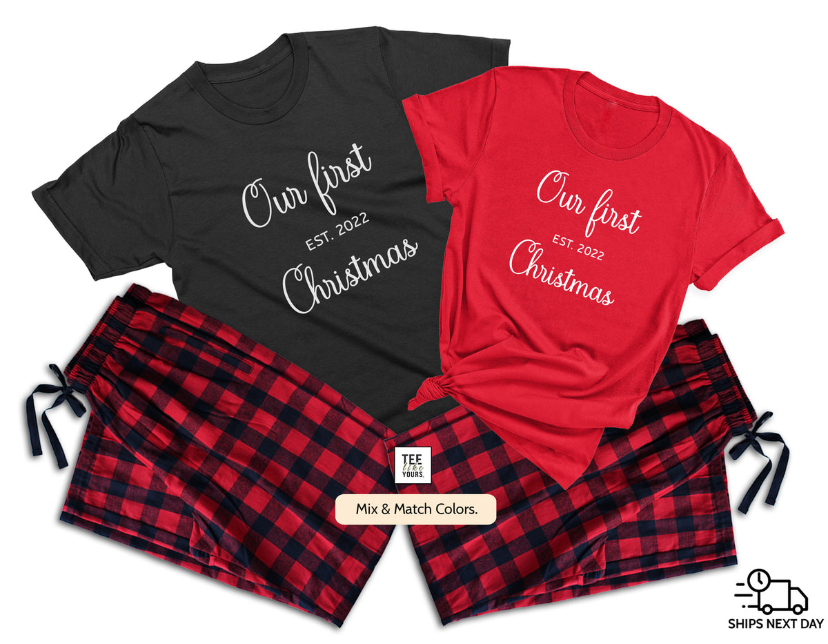 Personalized Our First Christmas Together Matching Pajamas for Couples – Custom Est. Year T-Shirts & Flannel Pajama Pants