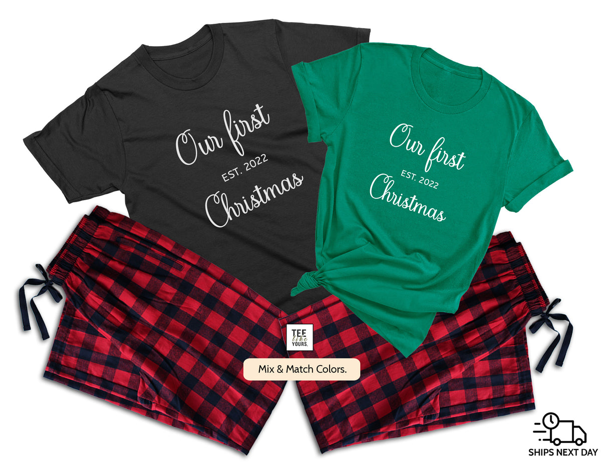 Personalized Our First Christmas Together Matching Pajamas for Couples – Custom Est. Year T-Shirts & Flannel Pajama Pants