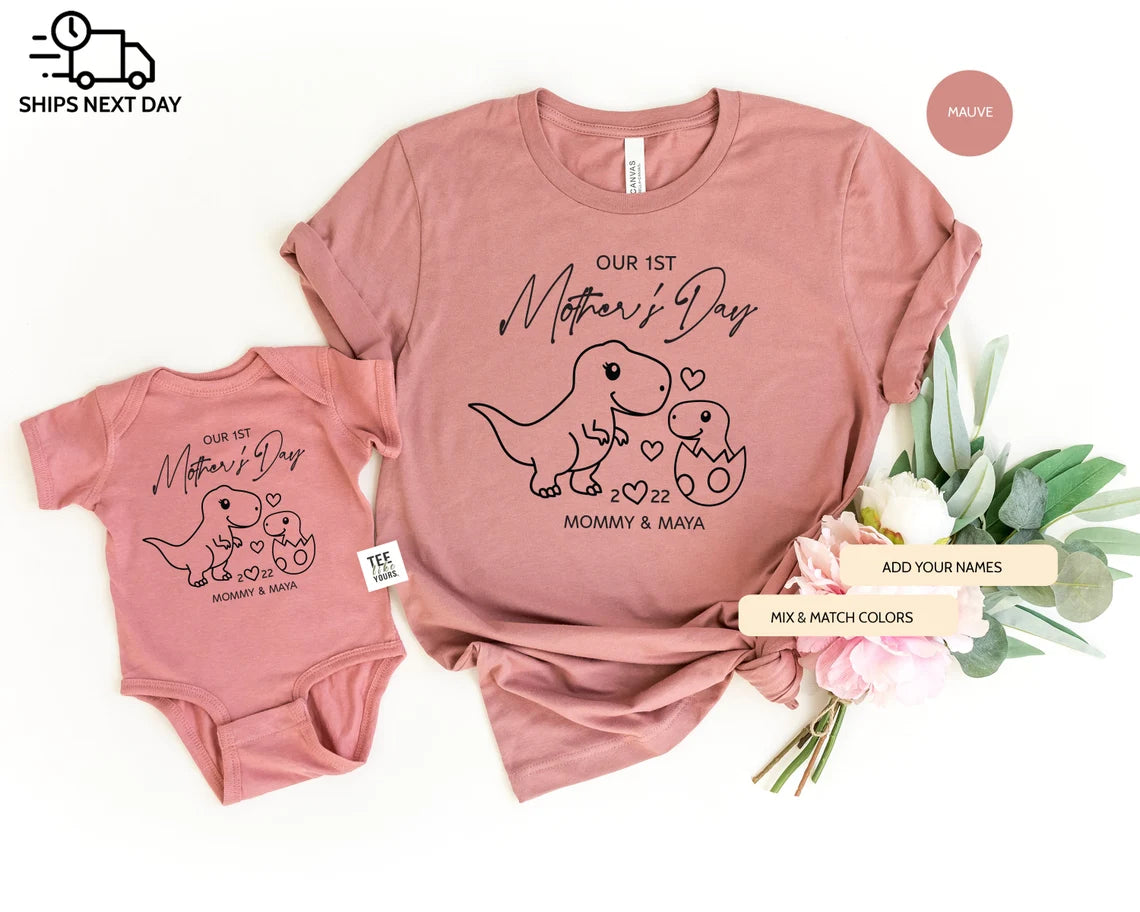 Our first Mother's day- T-Rex personalized matching Mommy and Me t-shirts, Mother's Day & new Mom gift, Dinosaur Mom Baby outfit, Unisex Dino Egg