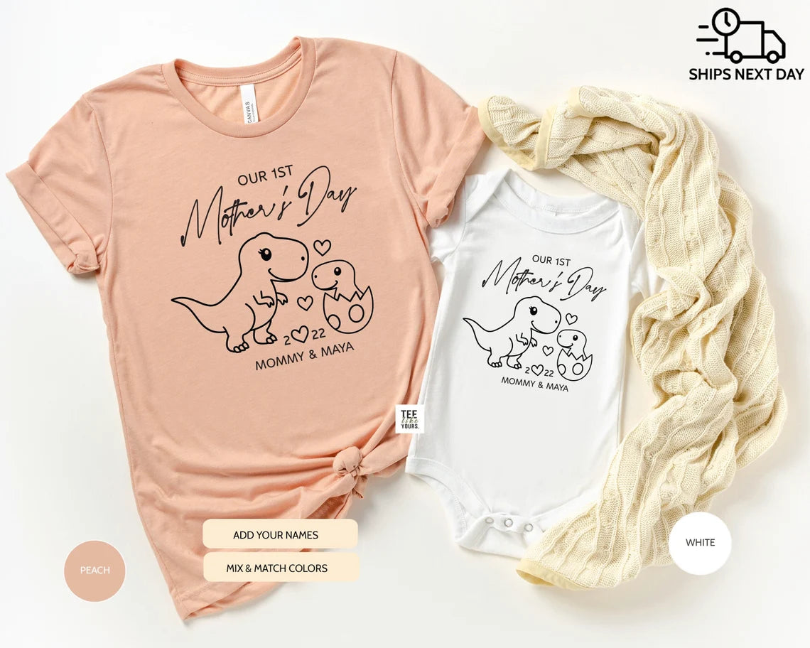 Our first Mother's day- T-Rex personalized matching Mommy and Me t-shirts, Mother's Day & new Mom gift, Dinosaur Mom Baby outfit, Unisex Dino Egg