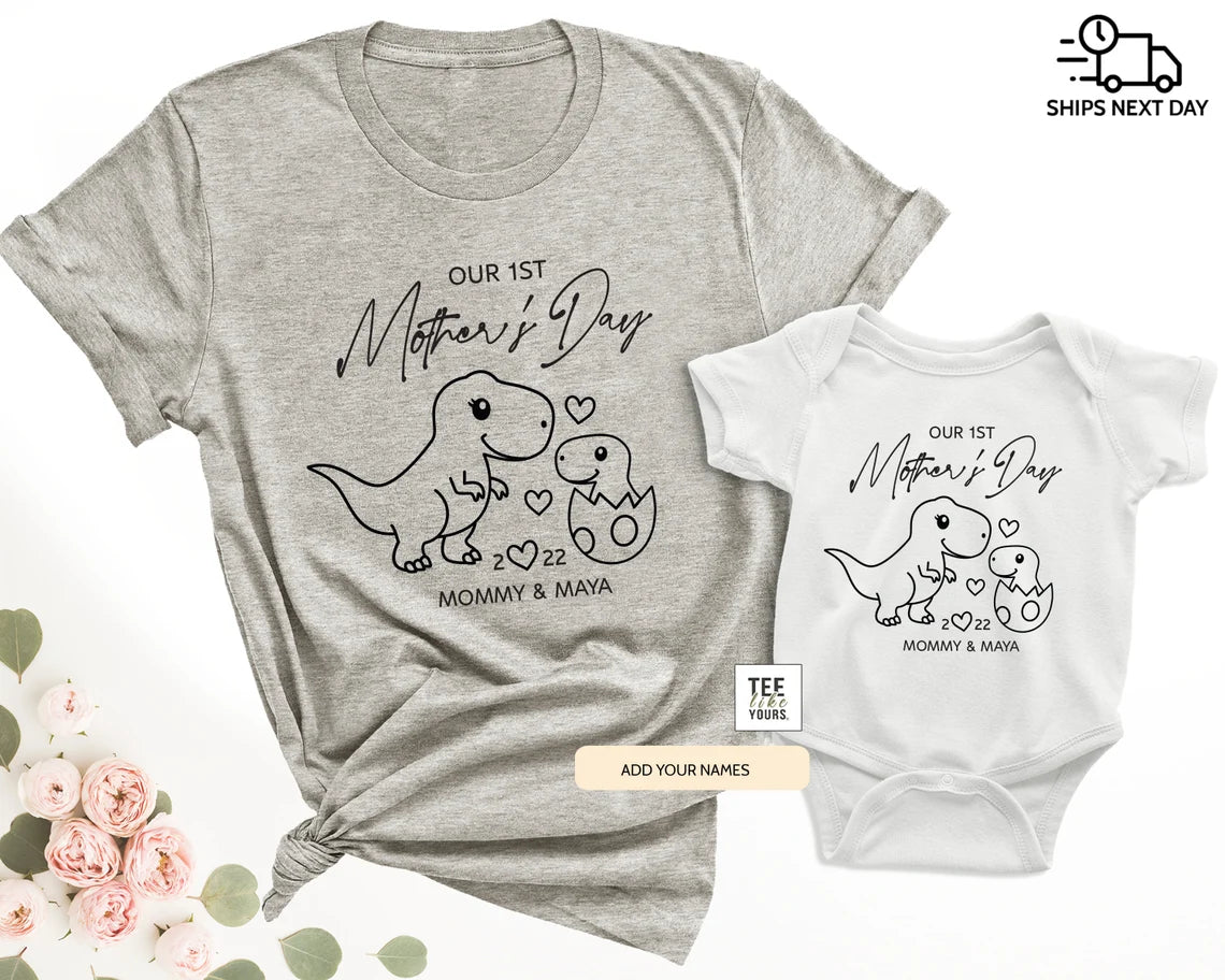 Our first Mother's day- T-Rex personalized matching Mommy and Me t-shirts, Mother's Day & new Mom gift, Dinosaur Mom Baby outfit, Unisex Dino Egg