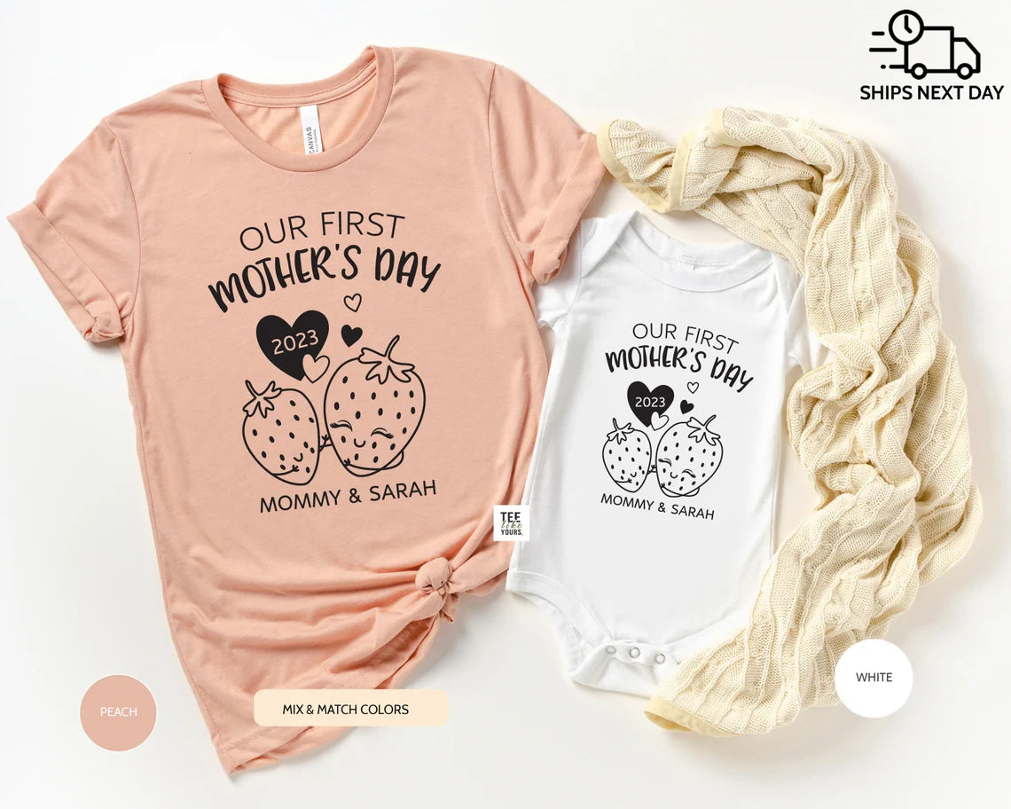 Our first Mother's day Matching Mommy & Me Custom t-shirt - Mother's Day Gift, New Mom Shirt, 1st Mother's day Mom and Baby - Strawberries 3