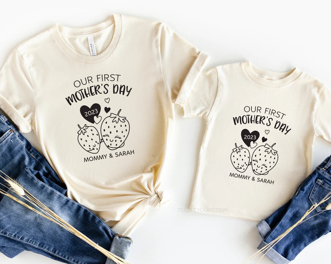Our first Mother's day Matching Mommy & Me Custom t-shirt - Mother's Day Gift, New Mom Shirt, 1st Mother's day Mom and Baby - Strawberries 3