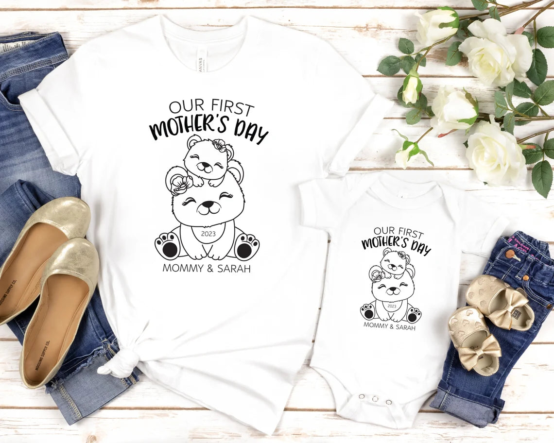 Our first Mother's day Matching Mommy & Me Custom t-shirt - Mother's Day Gift, New Mom Shirt, 1st Mother's day Mom and Baby - Bears Flowers