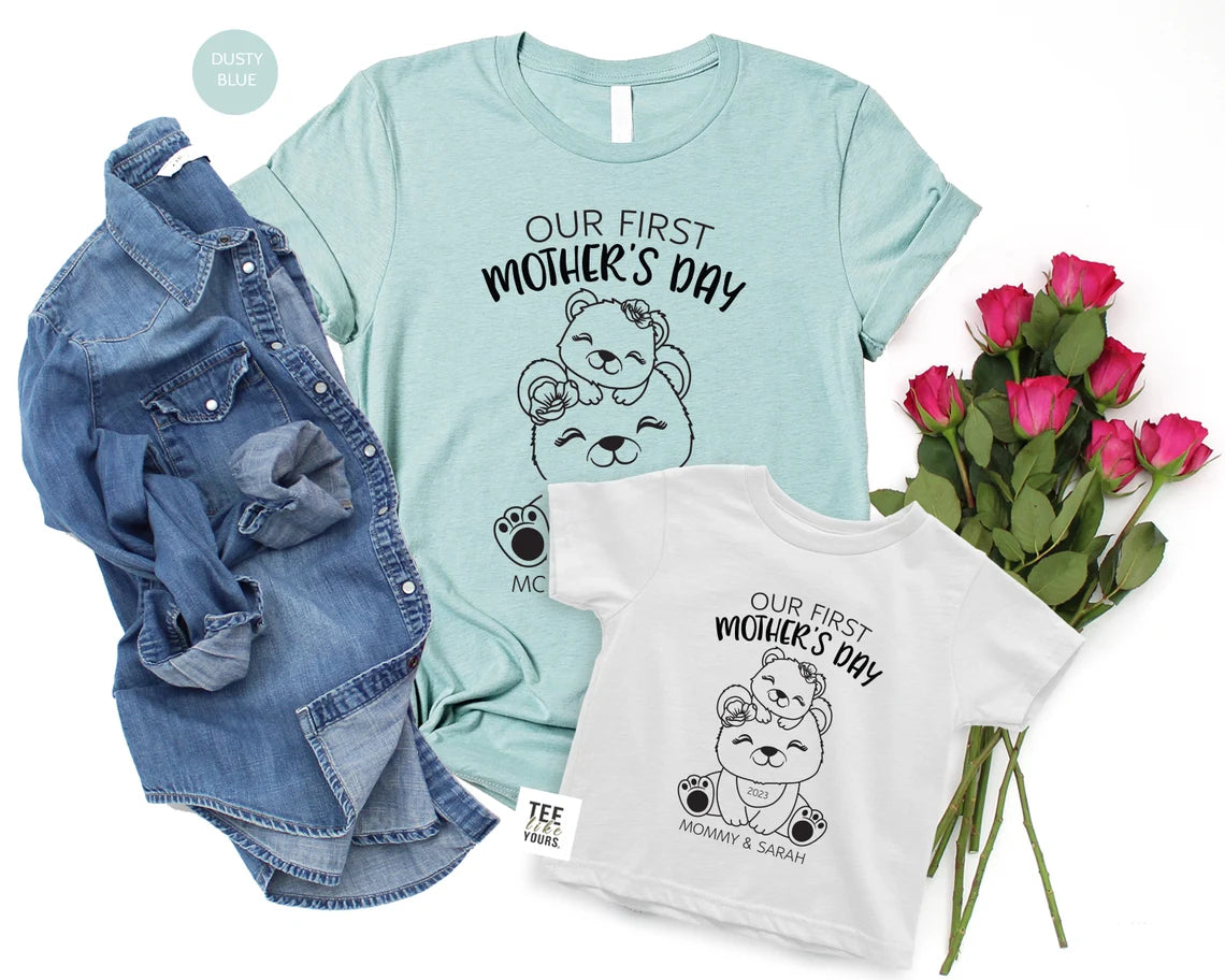 Our first Mother's day Matching Mommy & Me Custom t-shirt - Mother's Day Gift, New Mom Shirt, 1st Mother's day Mom and Baby - Bears Flowers