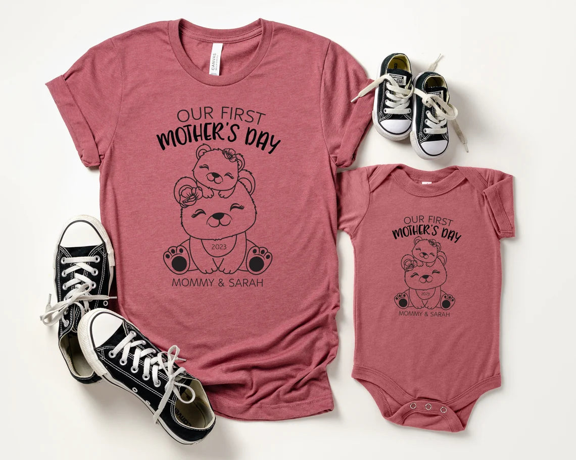 Our first Mother's day Matching Mommy & Me Custom t-shirt - Mother's Day Gift, New Mom Shirt, 1st Mother's day Mom and Baby - Bears Flowers