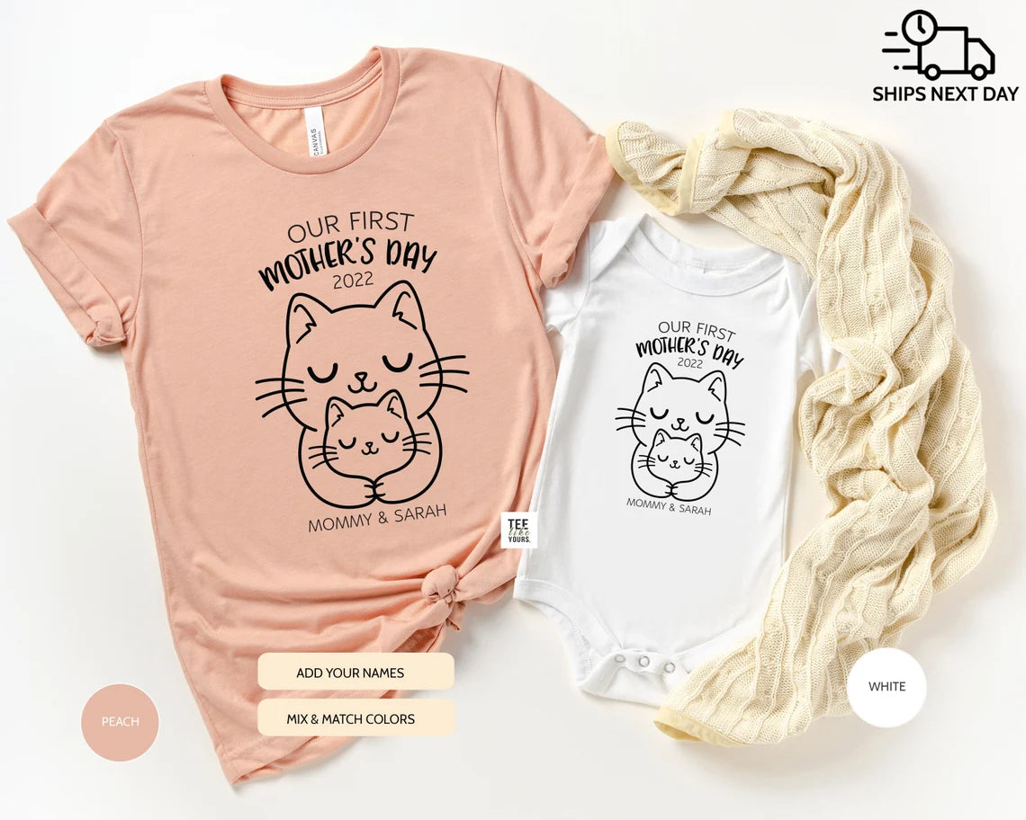 Our first Mother's day personalized matching Mommy and Me t-shirts - Mother's Day and New Mom Gift, Cat Mom Baby Kitten tees, Mother's Day Cat Outfit