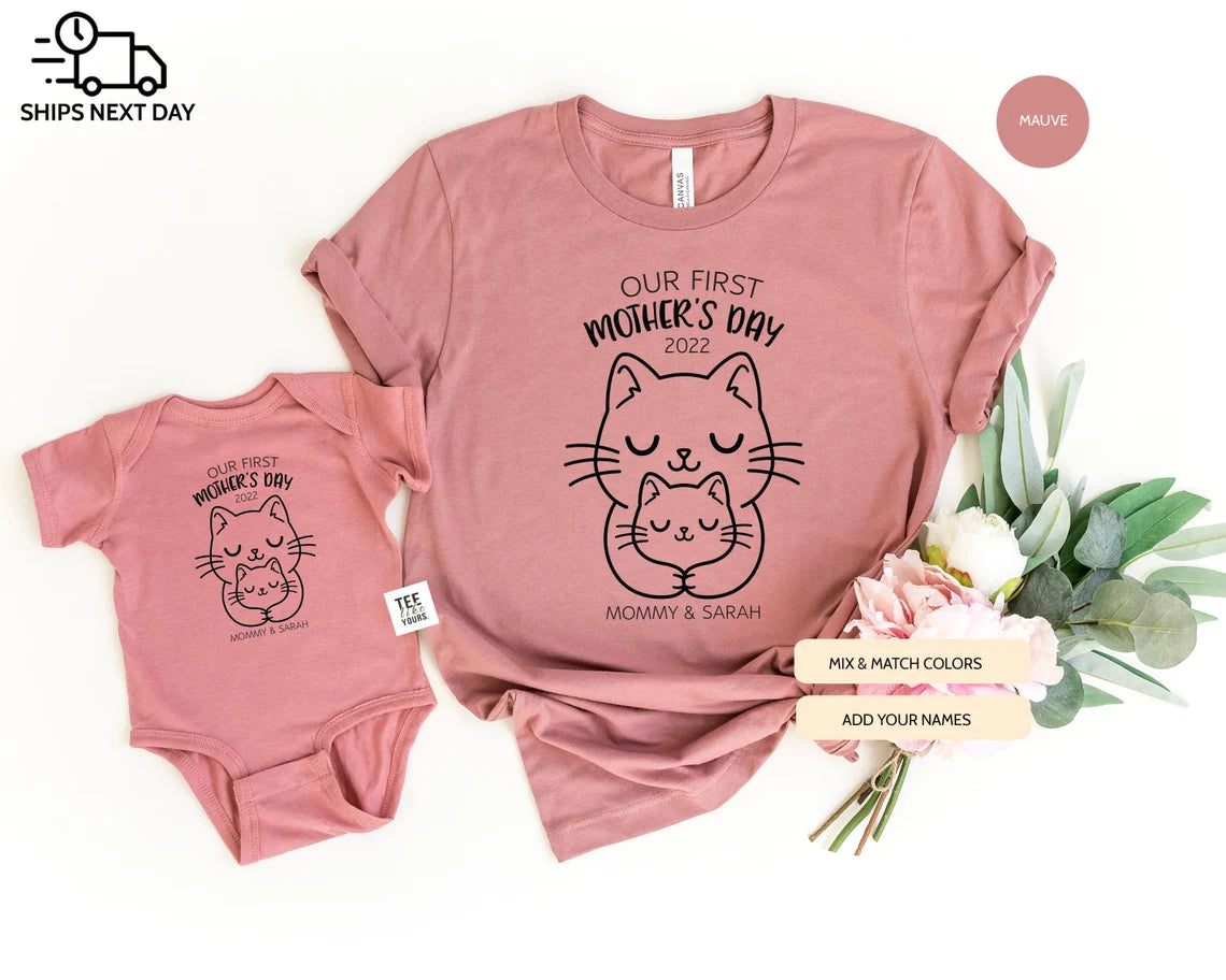 Our first Mother's day personalized matching Mommy and Me t-shirts - Mother's Day and New Mom Gift, Cat Mom Baby Kitten tees, Mother's Day Cat Outfit