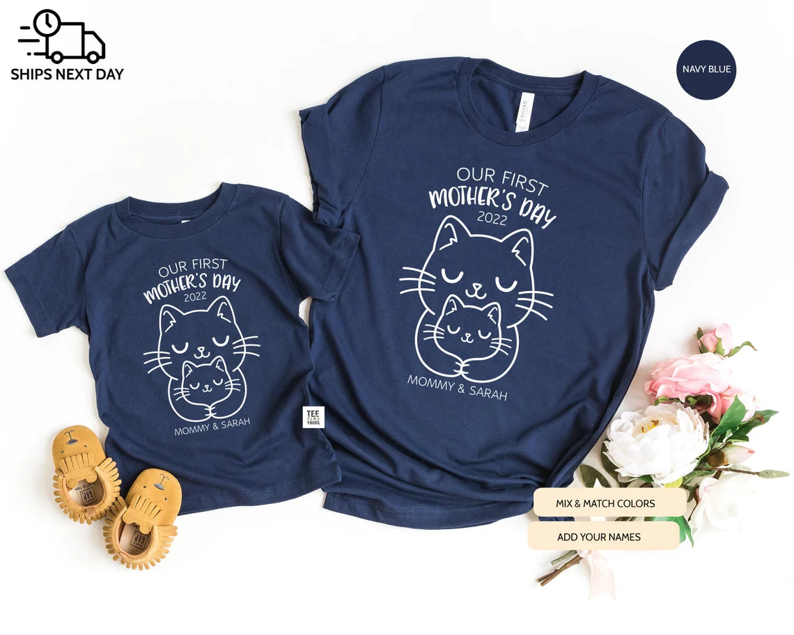 Our first Mother's day personalized matching Mommy and Me t-shirts - Mother's Day and New Mom Gift, Cat Mom Baby Kitten tees, Mother's Day Cat Outfit