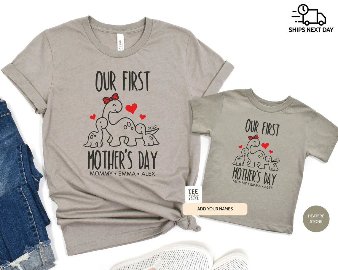 Our first Mother's day Personalized Matching Mommy & Me t-shirts - Mother's Day Gift, New Mom Shirt, Mother's day gift for Twin Mama, Unisex mamasaurus