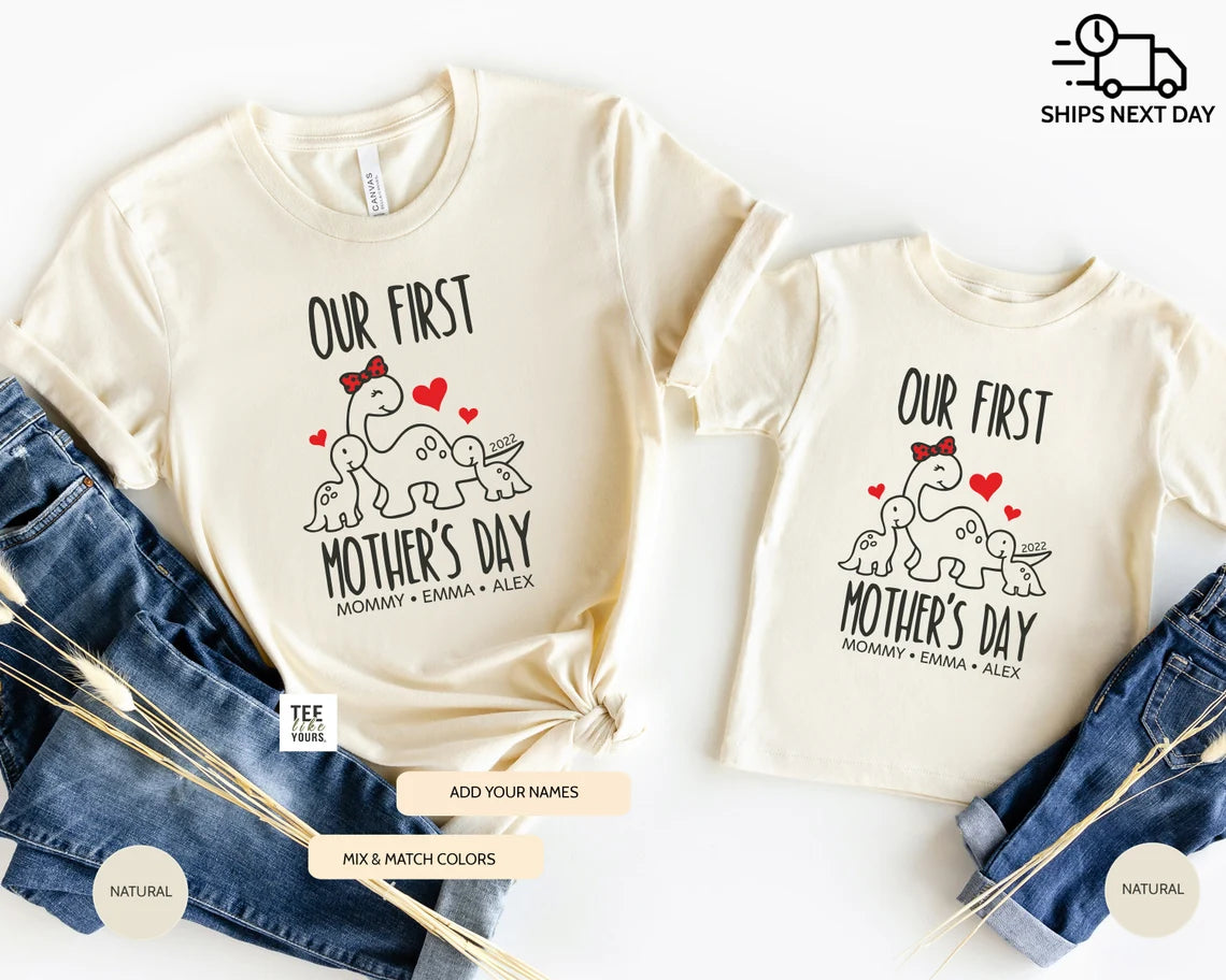 Our first Mother's day Personalized Matching Mommy & Me t-shirts - Mother's Day Gift, New Mom Shirt, Mother's day gift for Twin Mama, Unisex mamasaurus