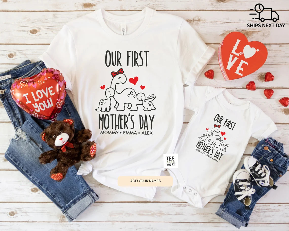 Our first Mother's day Personalized Matching Mommy & Me t-shirts - Mother's Day Gift, New Mom Shirt, Mother's day gift for Twin Mama, Unisex mamasaurus