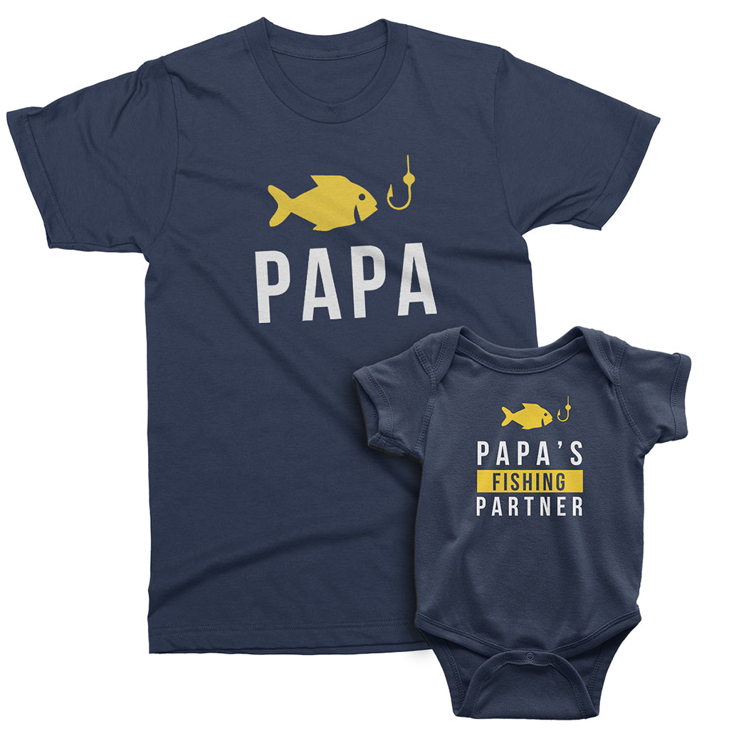 Papa and Papa's Fishing Partner_short sleeve Graphic Matching T-Shirts for Grandpa and Grandchild_Navy color at TeeLikeYours.com