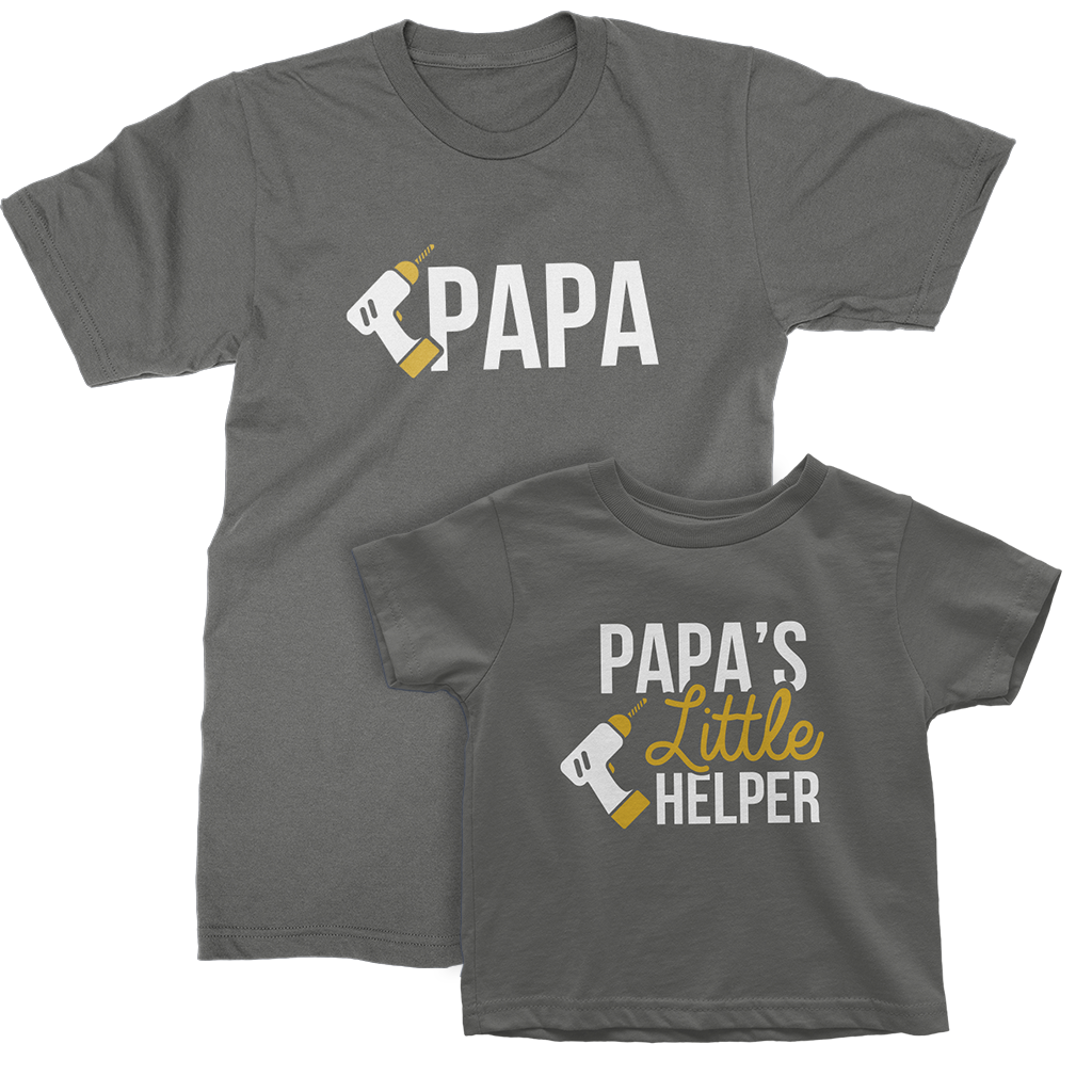 Papa and Papa's Little Helper_with Drill_Graphic Matching T-Shirts _Asphalt color at TeeLikeYours.com