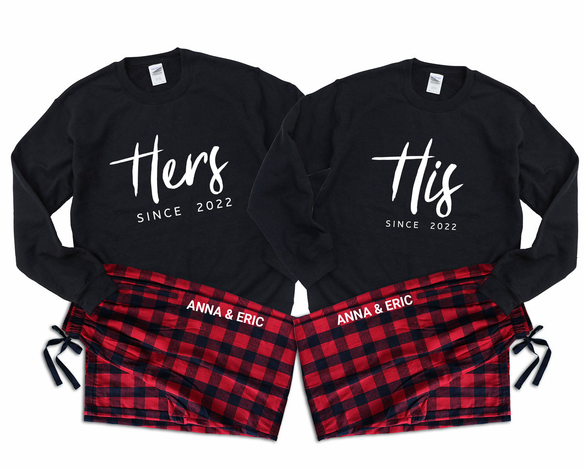 His & Hers couple matching sweatshirt and flannel pajama set with custom year and names 08