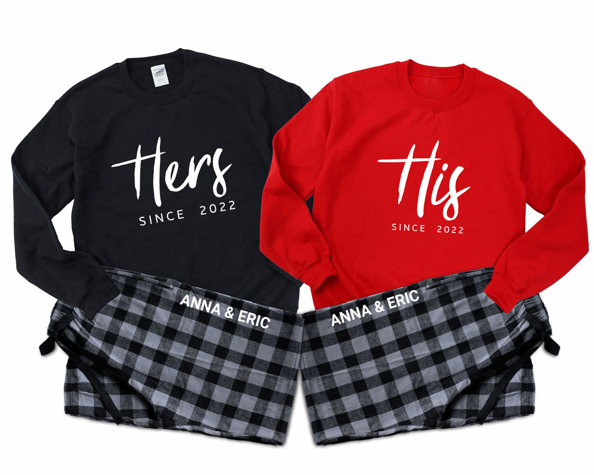 His & Hers couple matching sweatshirt and flannel pajama set with custom year and names 09