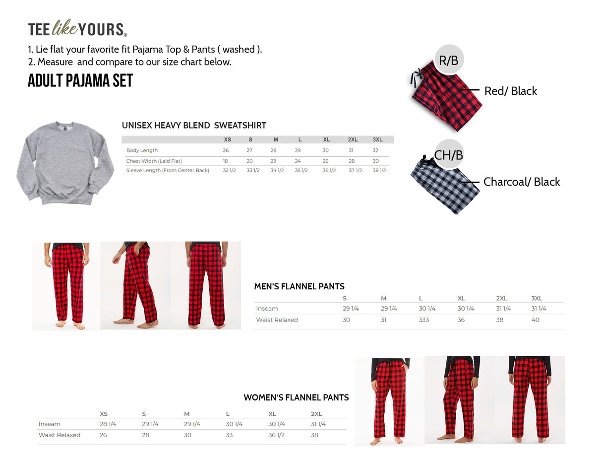 His & Hers couple matching sweatshirt and flannel pajama set with custom year and names - size chart