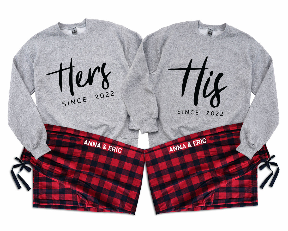 His & Hers couple matching sweatshirt and flannel pajama set with custom year and names 02