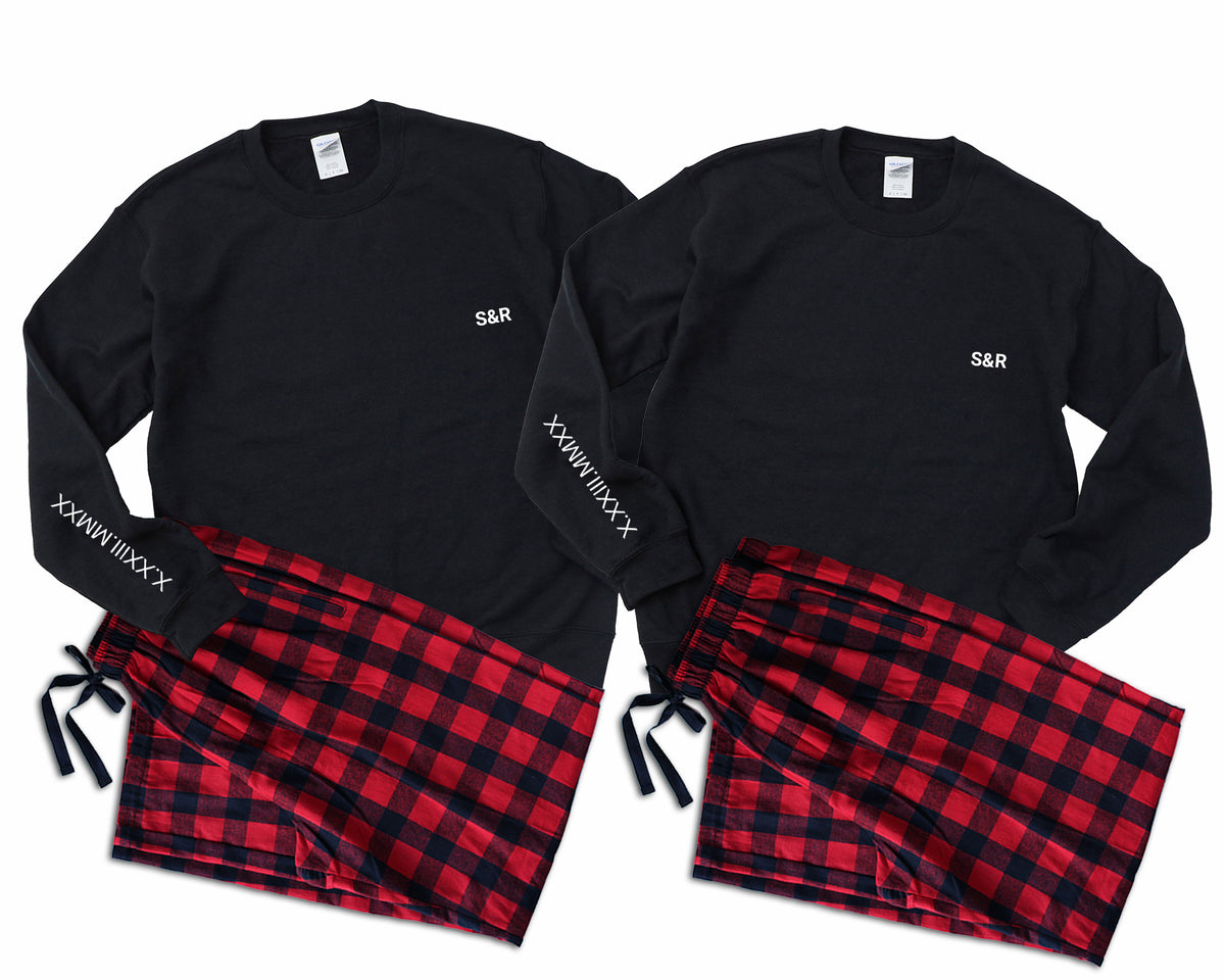 Personalized Couples Sweatshirt & Flannel Pajama Set | Custom Initials on Pocket & Roman Numeral Date on Sleeve | Matching Outfit for Anniversary | Valentine's | Engagement | or Christmas | Price per Set