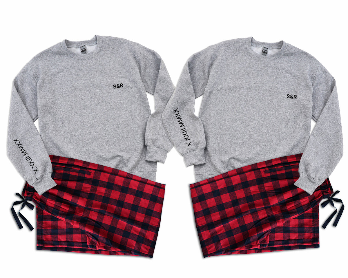 Personalized Couples Sweatshirt & Flannel Pajama Set | Custom Initials on Pocket & Roman Numeral Date on Sleeve | Matching Outfit for Anniversary | Valentine's | Engagement | or Christmas | Price per Set