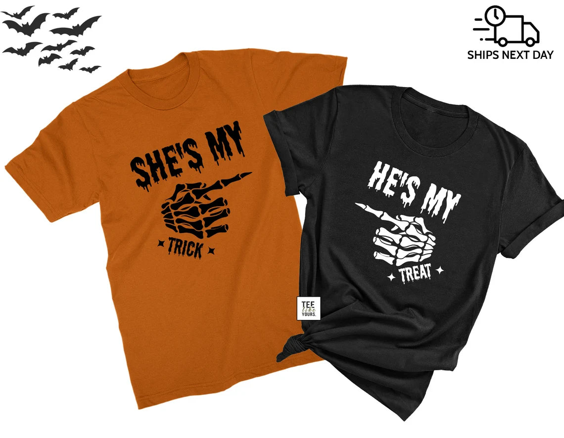 She's My Trick & He's My Treat Matching Halloween Shirts – Couples Trick or Treat T-Shirts