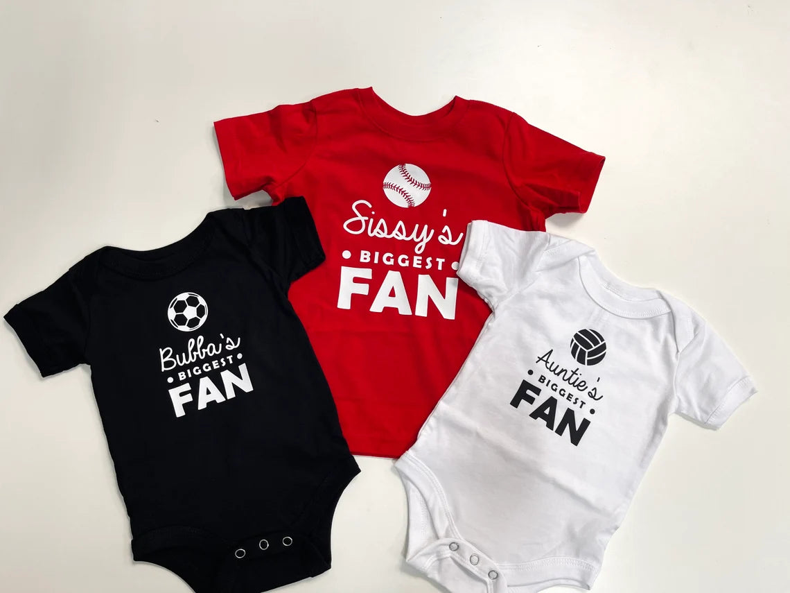 Custom fan onesie jerseys - Sister's Biggest Fan | Brother's Biggest Fan | Softball Onesie and T-shirt with name and number on back. Sibling sports custom t-shirts