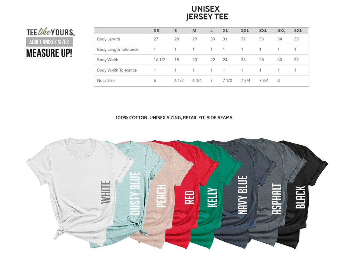 Unisex t-shirt size chart and color palette for personalized matching pajama sets for couples